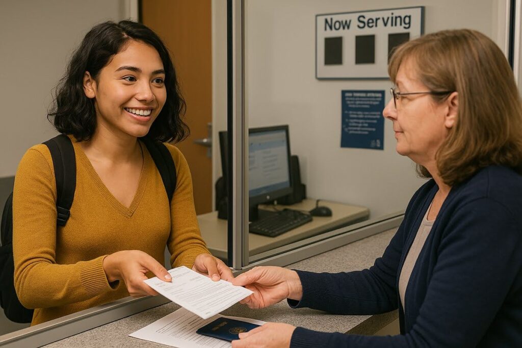 J-1 visa holder submitting documents at a Social Security office.