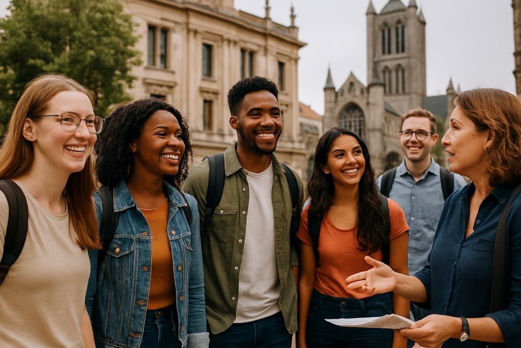 A diverse group of students and professionals engaging in a study tour abroad