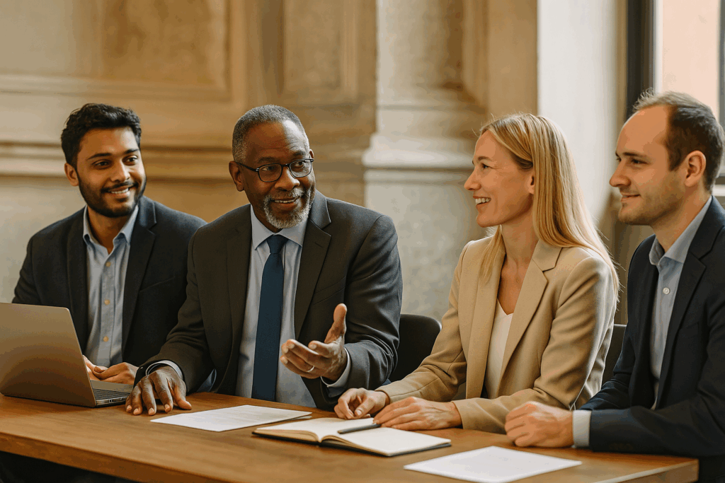 Four professionals in a meeting room during a study tour